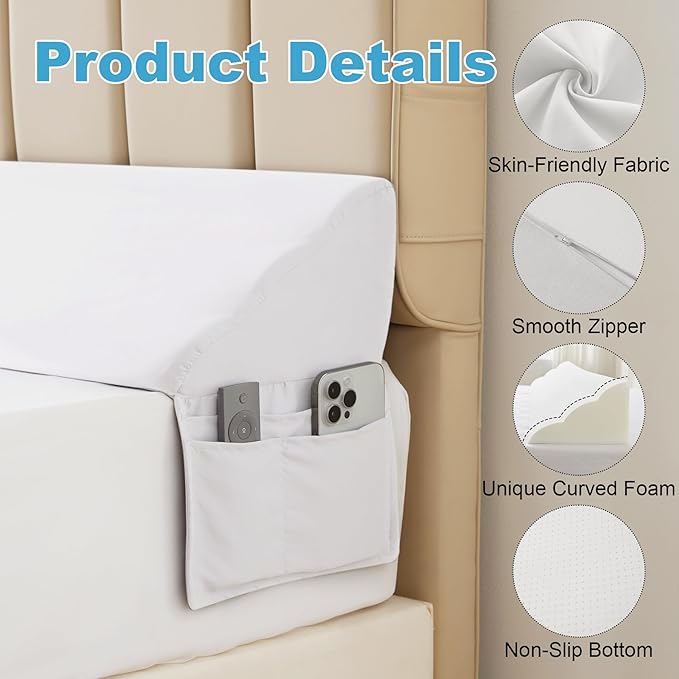 MEGCXIT Queen Bed Wedge Pillow for Headboard, 60"x10"x6", Bed Gap Filler, Headboard Pillow, Anti-Slip Gap Pillow with Side Pockets, Removable Cover, White