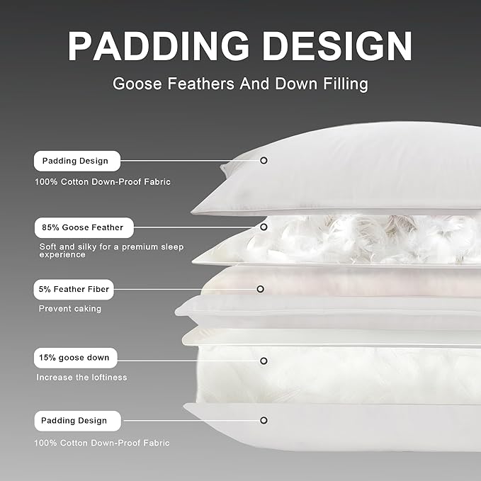Goose Down Pillow, Hotel Quality with Feather Fill, 750 Fill Power Queen Size - 2 Pack with Pillowcase for Master Bedroom, Support for Back, Side, Stomach Sleepers (Standard Size 20" x 26")