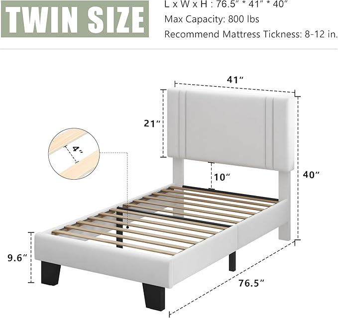 Feonase Twin Platform Bed Frame, Velvet Upholstered Twin Bed Frame, Solid Wood Slats & Heavy Duty Feet Support, No Box Spring Needed, Noise-Free, Easy Assembly, White