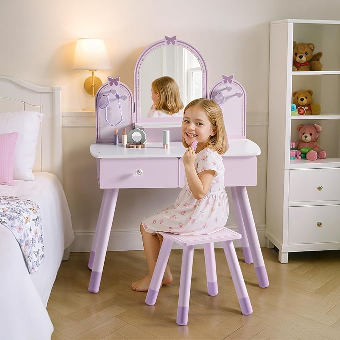 ROBOTIME Purple Kids Vanity Set, Makeup Vanity Desk with Mirror, Chair and Storage Drawers, Little Girl Dressing Table with Stool for Toddlers Ages 3+
