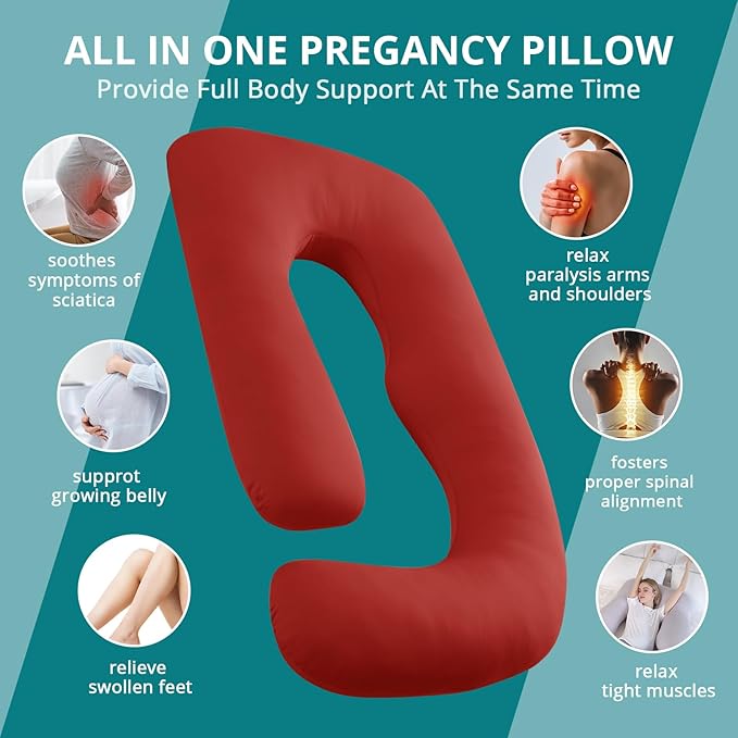 Sasttie Pregnancy Pillows for Sleeping, U Shaped Cooling Full Body Pillow with Removable Cover, Pregnant Women Must Haves, Maternity Essential, Red