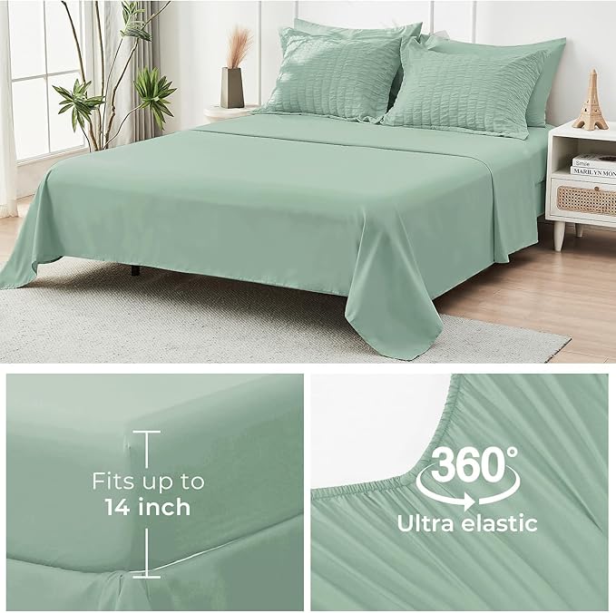 HYMOKEGE Sage Green Queen Comforter Set Seersucker 7 Pieces, All Season Luxury Bed in a Bag for Bedroom, Bedding Set with Comforters, Sheets, Pillowcases & Shams
