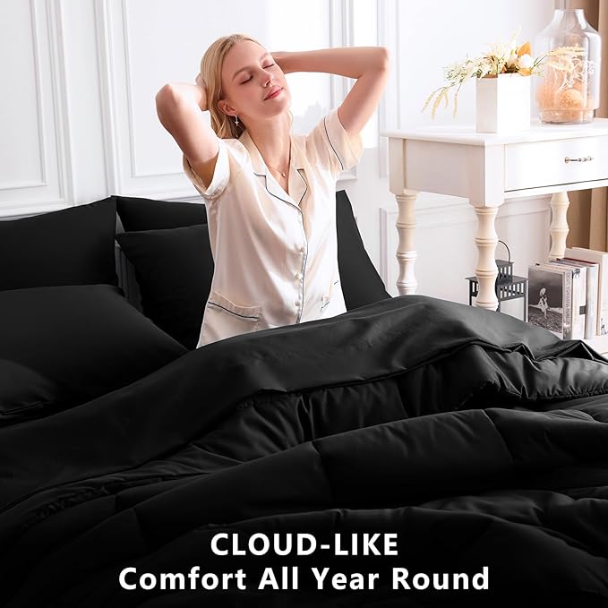 CozyLux Full Size Comforter Sets Black, 7 Pieces Bed in a Bag, Black Comforter Full Size, All Season Bedding Sets with Stitch Quilted Comforter, Flat Sheet, Fitted Sheet, Pillowcases