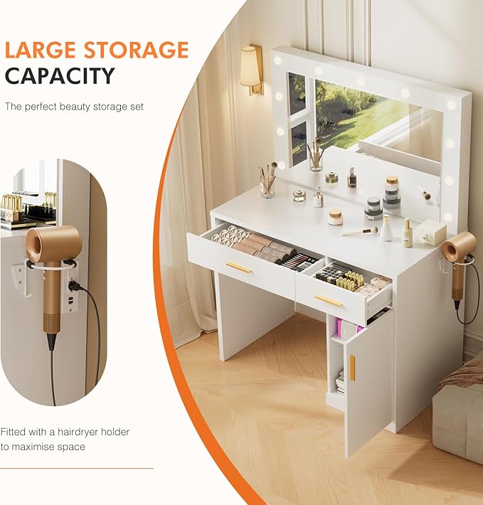 Sweetcrispy Vanity Desk with Mirror and 11 LED Lights, Makeup Vanity Table with Charging Station (2AC/USB/C), Dressing Table with 2 Drawers & Large Cabinet, 3 Lighting Color Adjustable, White