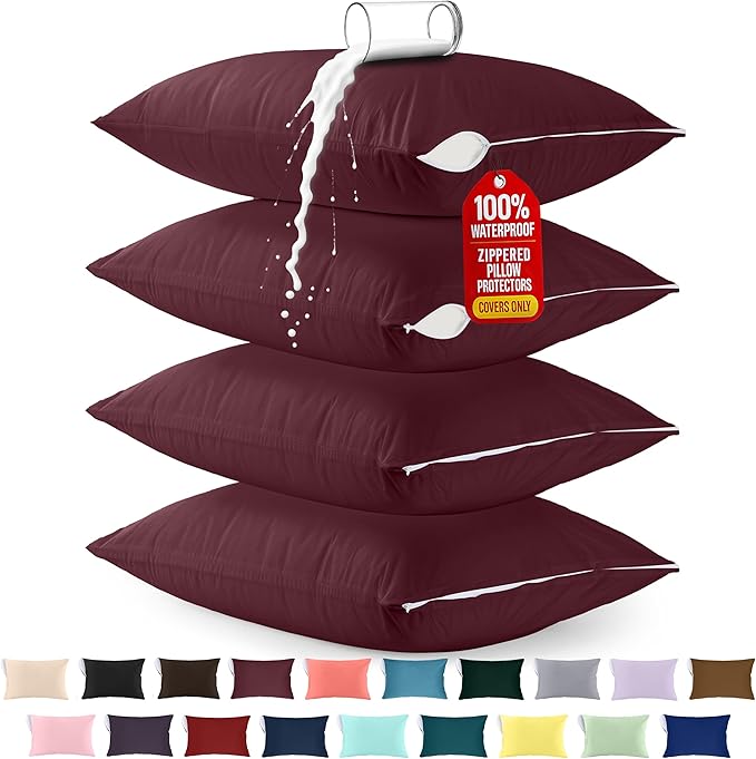 Utopia Bedding Premium 100% Waterproof Pillow Protectors with Zipper King Size (Set of 4), Bed Bug and Dust Mite Proof Zippered Pillow Covers, Pillow Encasement Cases, Burgundy