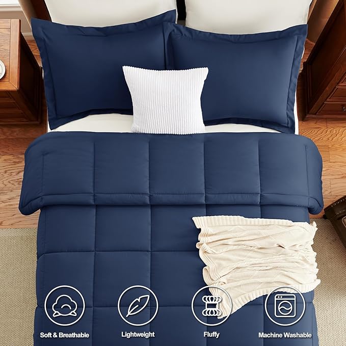CozyLux Queen Comforter Set - 270GSM Navy Blue Bedding Sets for All Seasons, 3 Pieces Box Stitched Bed Set with 1 Down Alternative Comforter and 2 Pillow Shams, Soft, Lightweight, Breathable