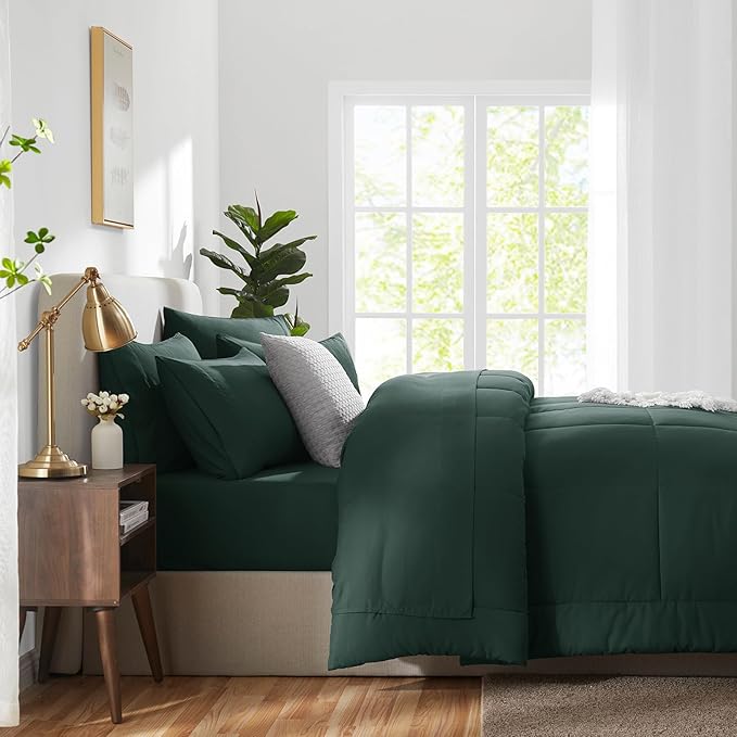CozyLux Queen Comforter Set Forest Green, 7 Pieces Bed in a Bag, Green Comforters Queen Size, All Season Bedding Sets with Stitch Quilted Comforter, Flat Sheet, Fitted Sheet, Pillowcases