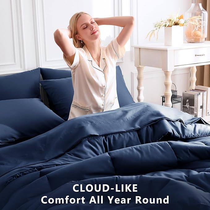 CozyLux King Size Comforter Set Navy Blue, 7 Pieces Bed in a Bag, Navy Blue Comforter King Size, All Season Bedding Sets with Stitch Quilted Comforter, Flat Sheet, Fitted Sheet, Pillowcases