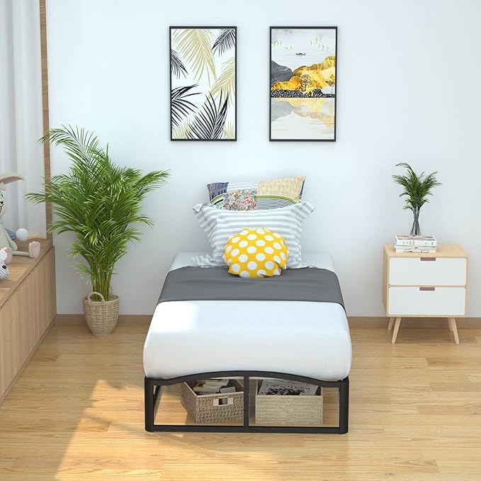 Amazon Basics Durable Metal Platform Bed Frame with Wood Slat Support, 10 inches High, Twin, Black