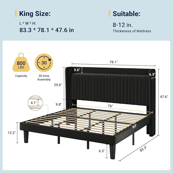 Allewie King Size Platform Bed Frame with USB Charging Station and Storage Shelf/Upholstered Velvet Wingback Headboard/Wooden Slats Support/No Box Spring Needed/Easy Assembly, Black
