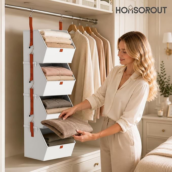 Homsorout Collapsible Hanging Closet Organizer - 3 Tier Closet Shelves Storage System with Hooks, Fabric Hanging Storage Bins for Clothes, Foldable Storage Basket for Laundry, Bedroom, Rv, White