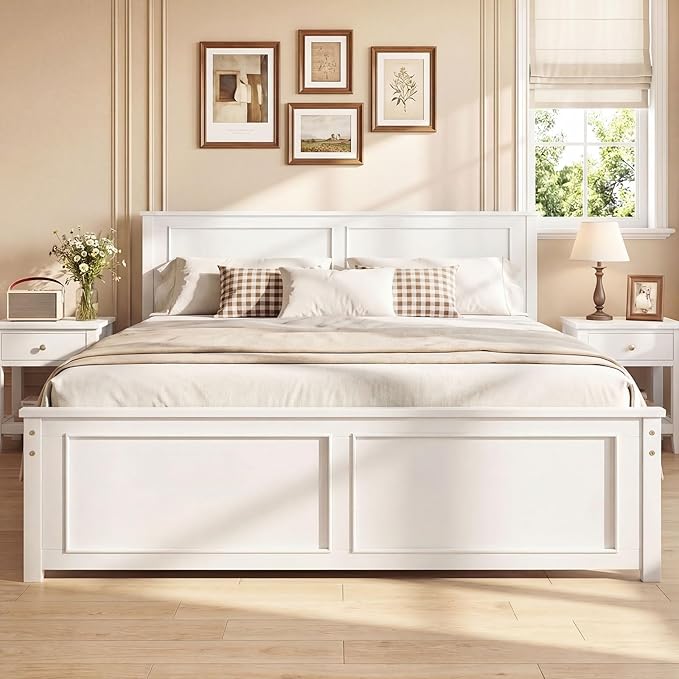 Giantex Wood Full Size Bed Frame with Headboard, Farmhouse Solid Platform Bed w/Wooden Slat Support Mattress Foundation, Under-Bed Storage, No Box Spring Needed, White