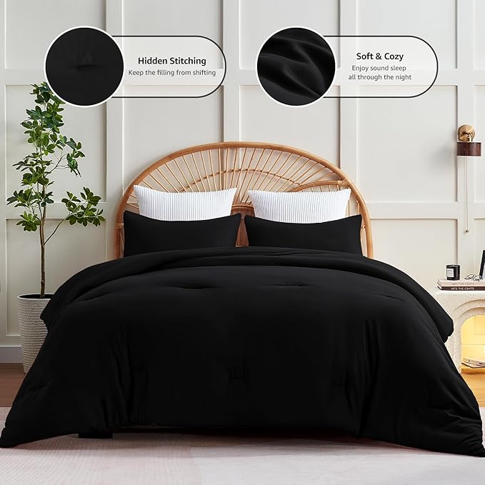 CozyLux Comforter Full Size Set Black, 3 Pieces Solid Lightweight Soft Bed Set for All Season, Luxury Breathable Quilted Style Microfiber Down Alternative Bedding Sets (1 Comforter & 2 Pillowcases)