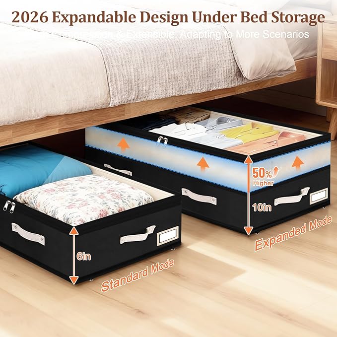 Dolicer 4 Pack Under Bed Storage with Wheels, 6in-10in Height Adjustable Underbed Storage Containers, 92L XXXL Under Bed Drawers Rolling Bin with Clear Lids for Dorm Shoes Clothes Organizers(Black)
