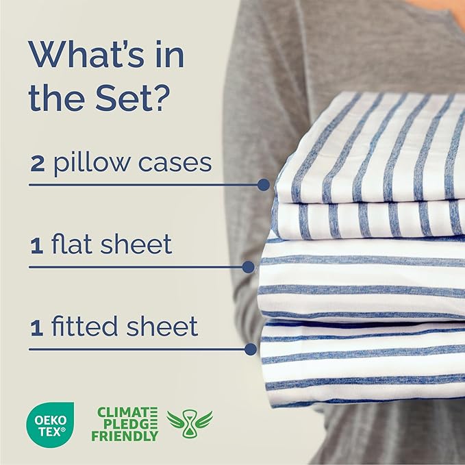 Queen Size 4 Piece Sheet Set - Comfy Breathable & Cooling Sheets - Hotel Luxury Bed Sheets for Women & Men - Deep Pockets, Easy-Fit, Soft & Wrinkle Free Sheets - Blue Stripes Oeko-Tex Bed Sheet Set