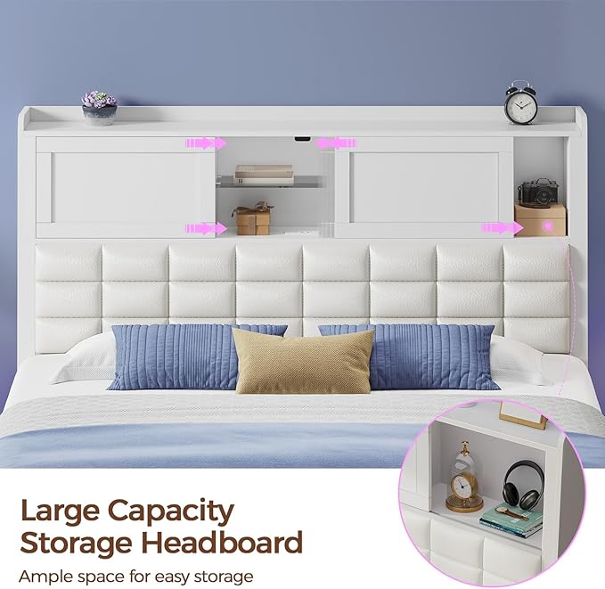 Rolanstar Bed Frame Full Size with Charging Station, Bookcase Headboard Bed with LED Light and Sliding Doors, Platform Bed with Wooden Slats, No Box Spring Needed, Noise Free, White