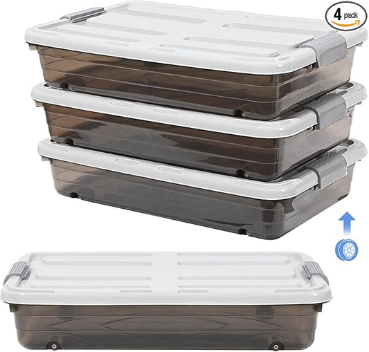 Beeveer 4 Pcs Plastic Under Bed Storage Containers with Lid Wheel Handle, Transparent Large Capacity Stackable Latching Storage Bins for Closet Bedroom Clothes Shoes (Brown,23.7 x 15.8 x 5.2)