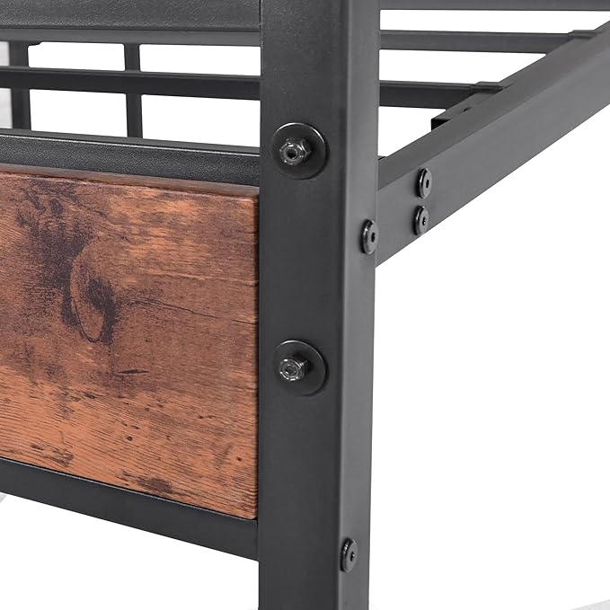 HOJINLINERO Metal Twin Size Bed Frame with Wood Headboard,Platform Bed Frame Twin,Bed Base Steel Slats,No Box Spring Needed,Black and Rustic Brown