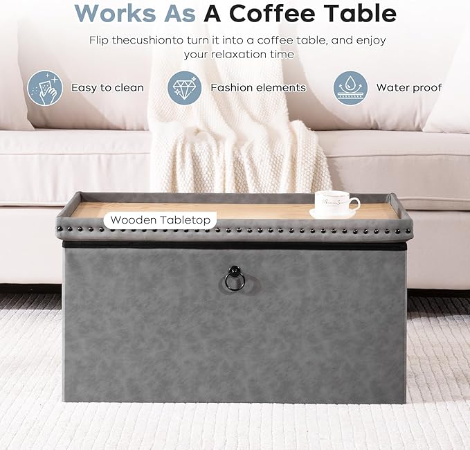 oakvivo 30 Inches Folding Storage Ottoman Bench, Leather End of Bed Foot Rest Stools with Button Tufted Rivet Design, Ottoman with Padded Seat for Bedroom, Living Room, Entryway, 330 lb, Grey
