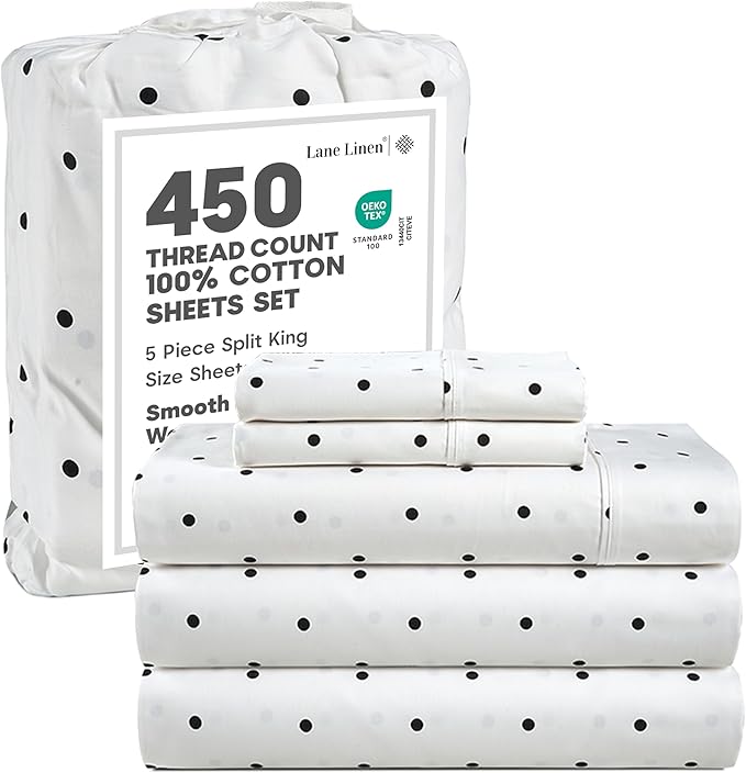 Lane Linen Split King Sheets Set for Adjustable Beds - 5 PCs, 450 Thread Count Split King Sheets Set - Sateen King Split Sheets for Adjustable Bed - Split Top King Sheet Set for Beds - Polka Dot Black
