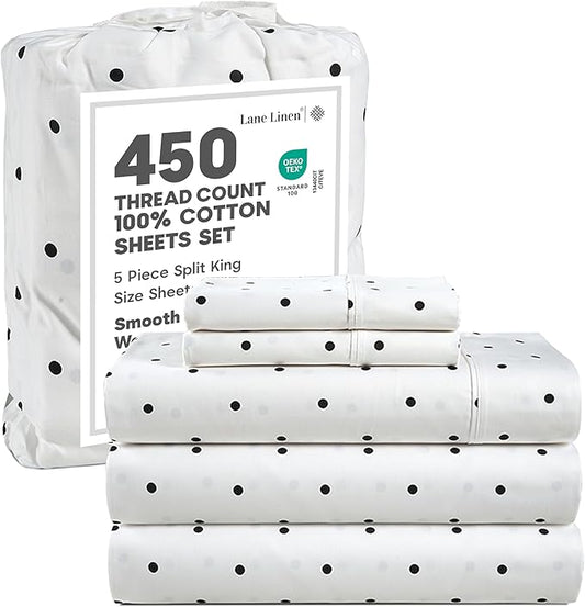 Lane Linen Split King Sheets Set for Adjustable Beds - 5 PCs, 450 Thread Count Split King Sheets Set - Sateen King Split Sheets for Adjustable Bed - Split Top King Sheet Set for Beds - Polka Dot Black