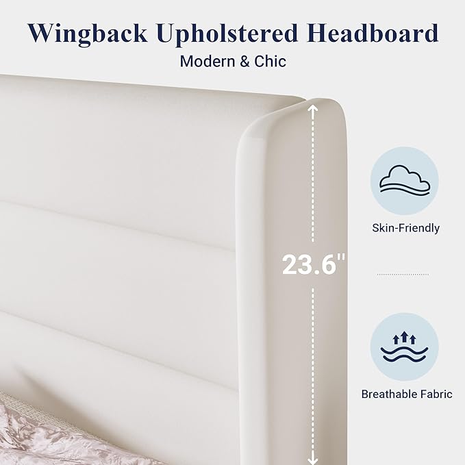 Allewie Full Size Platform Bed Frame with Velvet Upholstered Wingback Headboard, No Box Spring Needed, Under Bed Storage Space, Strong Wooden Slats, Modern Mattress Foundation, Easy Assembly, White