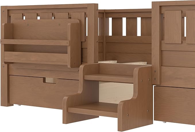 Bellemave Twin Bed with Storage Drawers & Bookshelf, Low Profile Kids Bed Frame with Staircase & Full Length Guardrails, Wood Twin Bed for Kids with Slats Load 300LBS, Easy Assembly, Oak Brown