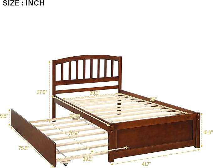 Ball & Cast Trundle Bed Twin,Twin Trundle Bed Frame Roll Out,Solid Wood Bed Frames with Headboard and Wooden Slats Support,for Bedroom,Guest Room,Apartment,Walnut