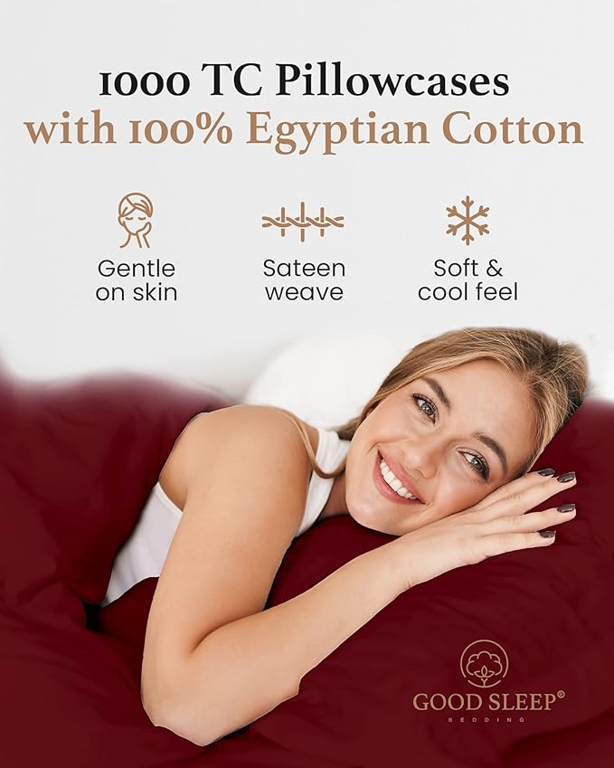 1000 TC Burgundy King Pillowcases Set of 4 100% Egyptian Cotton Pillow Cases with Long Staple Cotton & Sateen Weave, Silky Soft Hotel - Like Bed Pillow Covers for Comfy Sleeping, Snug Fit
