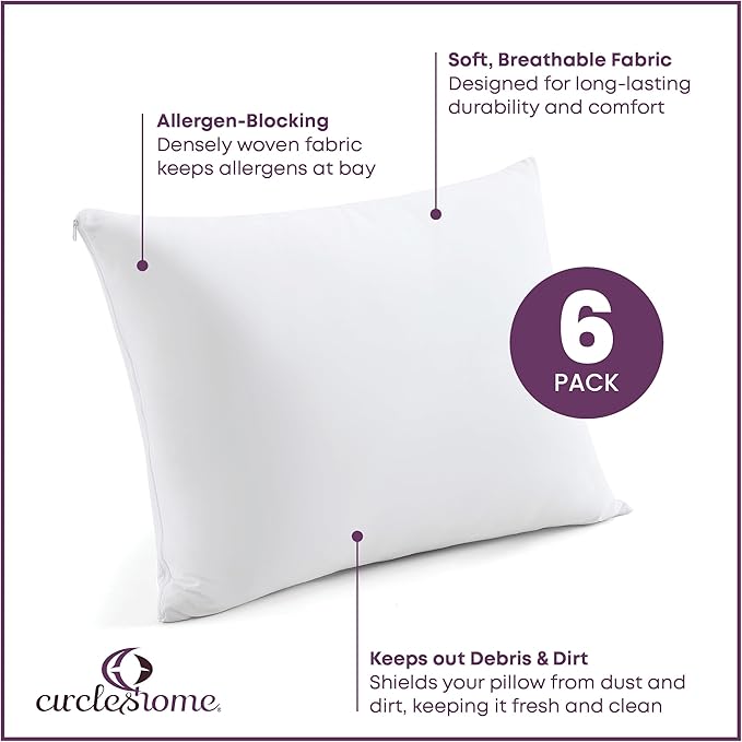 CirclesHome Pillow Protectors 6 Pack Queen Zippered - 100% Cotton Breathable Pillowcases - Protects Pillows from Dirt, Dust and Debris (Queen- Set of 6 - 20x30)