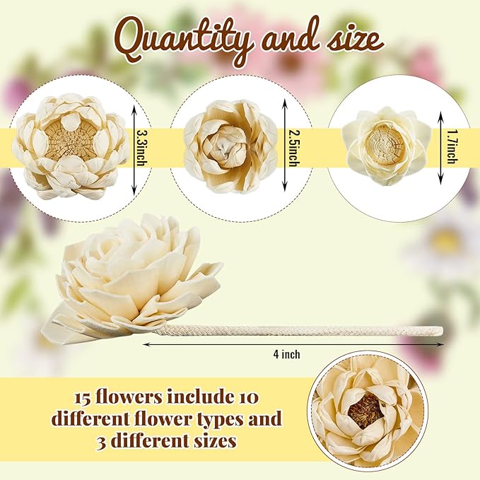 Waydress 15 Pcs Diffuser Mixed Sola Flowers Natural Material Aromatherapy Reed Wood Flowers Decorative Aromatherapy Flower Placement Refill Wood Flower Diffuser with Rope(Various,Cute)
