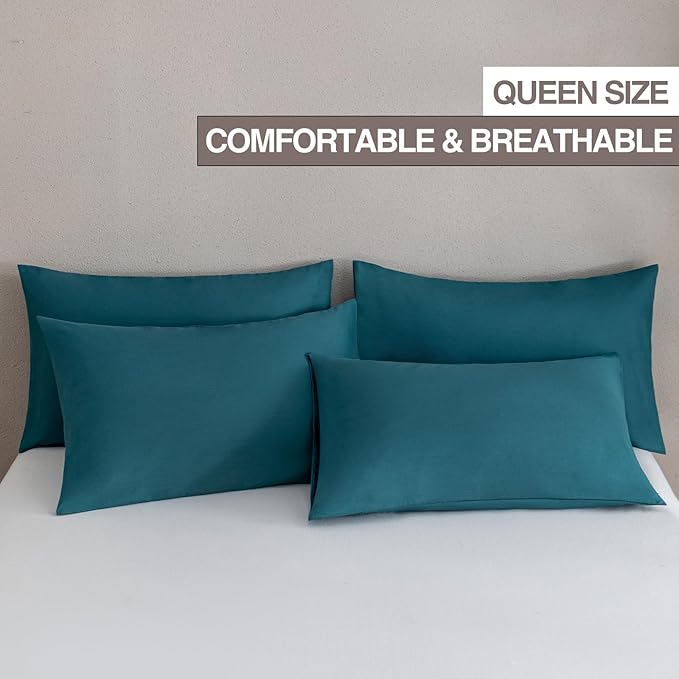 MINIPANDA Blue-Green Pillow Cases Set of 4 Queen Size - Super Soft, Smooth and Breathable Pillow Cases Queen- Envelope Design - Machine Washable Lightweight (20X30 Inches (4 PIECE))