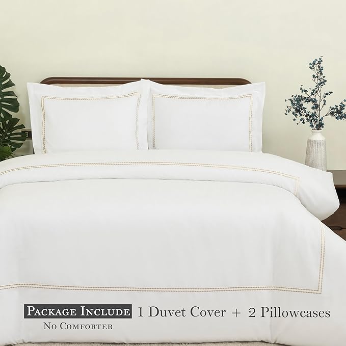 Dreamology White Duvet Cover Luxury Hotel Quality Bedding Set 100% Cotton Embroidered Duvet Covers with 2 Pillow Shams Hypoallergenic Zipper Closure 3 Pieces Duvet Set (Gold T-200, Queen)