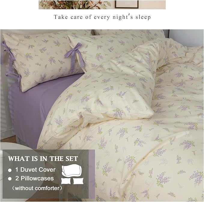 VM VOUGEMARKET King Duvet Cover Set,3 Pieces Purple Floral Duvet Cover with 2 Bow Ties Pillowcases 100% Cotton Lavender Flower Bedding Set-King,104x90 Inch