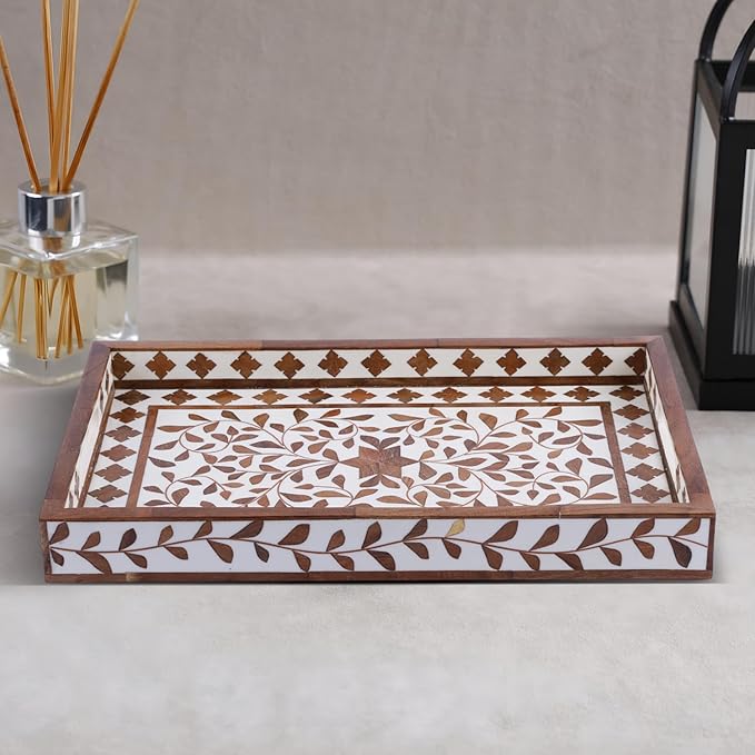 Handicrafts Home Alhambra El Plato Decorative Tray, 17”x11” Wood & Resin Inlay Coffee Table Tray with Handles, Handmade Serving Ottoman Tray for Living Room Decor, Boho Farmhouse Home Accent