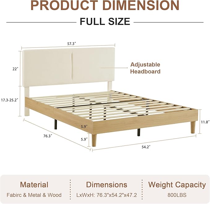 VECELO Full Bed Frame Upholstered Platform Beds with Height-Adjustable Cotton and Linen Headboard, Heavy Duty Wood Slats, 6" Under-Bed Space, Noise-Free, No Box Spring Needed, Easy Assembly