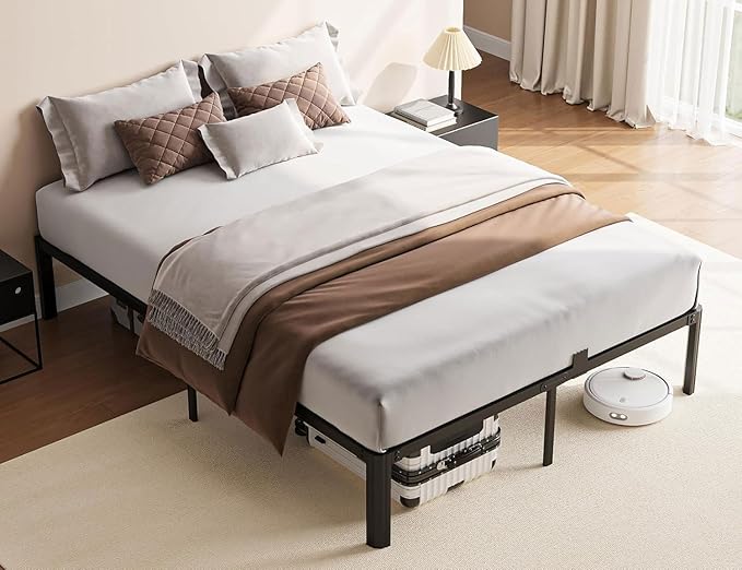 14 Inch Metal Bed Frame King Size Heavy Duty High Platform with Steel Slats No Box Spring Needed Noise-Free Easy Assembly, Under Bed Storage Sturdy Frame with Mattress Stoppers Easy Assembly