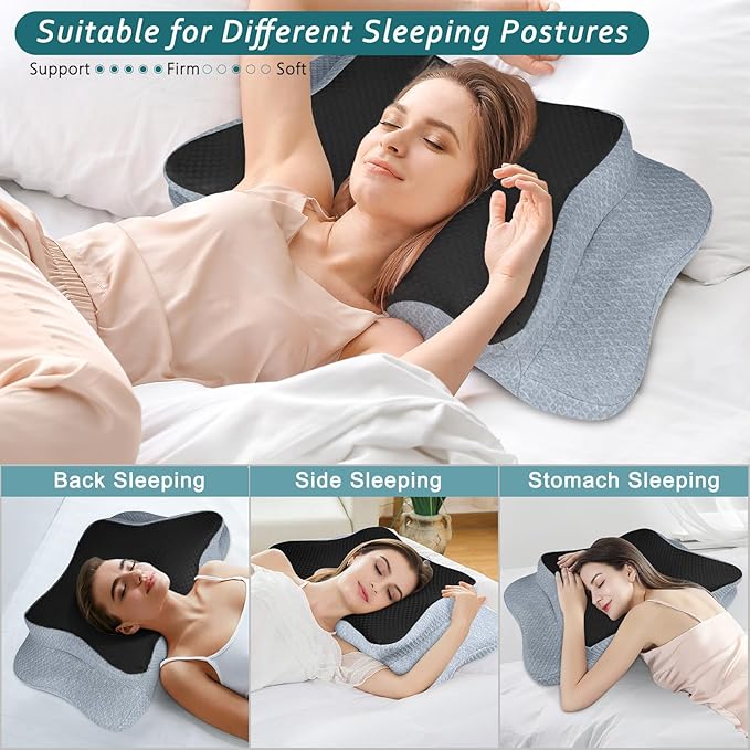 CHxxy Cervical Neck Pillow for Pain Relief Sleeping, Memory Foam Pillows, Ergonomic Side Sleeper Pillows Orthopedic Neck Support Pillow for Back Stomach Sleepers-King Size Black&Grey