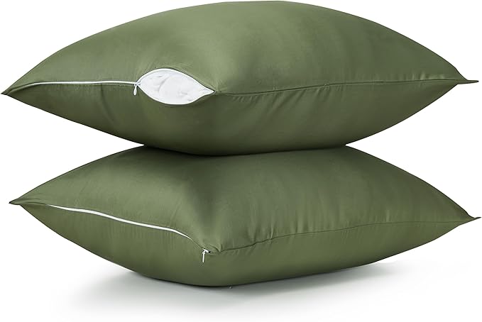 Cotton Pillow Protectors/Cases Queen Size with Zipper 2 Pack Olive Green Color,Cooling & Breathable Bed Pillow Protectors Set of 2 Pillow Cases Cover (Queen Size 20" x 30")