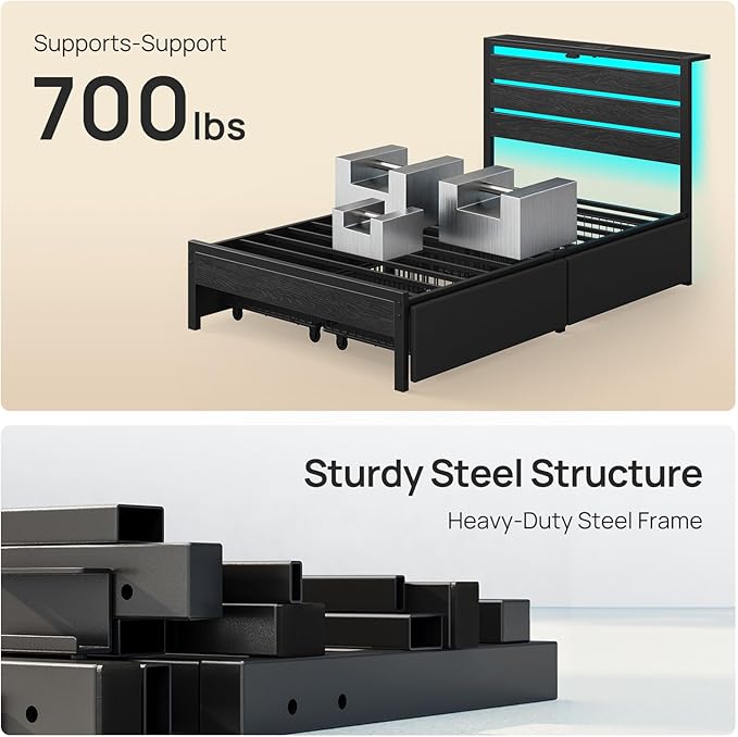 Rolanstar Twin Bed Frame with 4 Drawers, LED Lights and Charging Station, Metal Platform Bed with Storage Headboard, Noise Free, Easy Assembly, No Box Spring Needed, Black