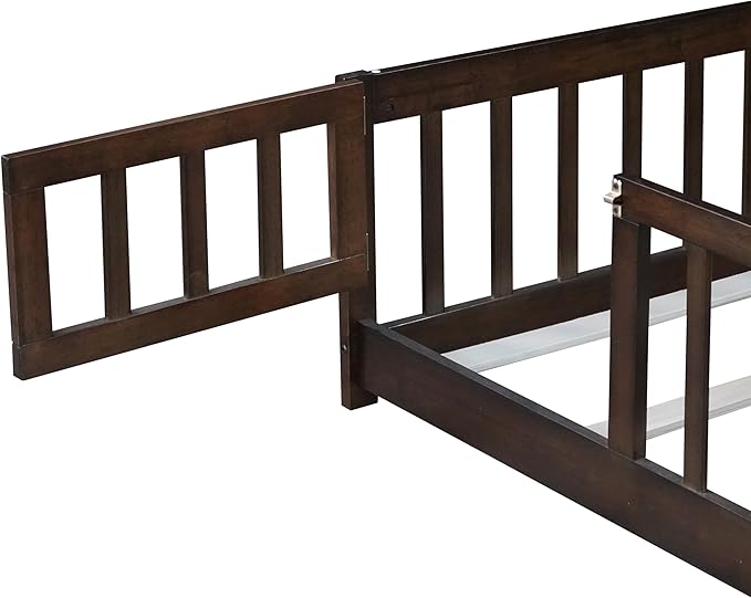 Bellemave Twin Floor Bed Frame with Slats and Safety Guardrail, Wood Twin Size Montessori Floor Bed with Door and Fence, Easy Assemble Montessori Beds for Kids, Girls, Boys, Espresso