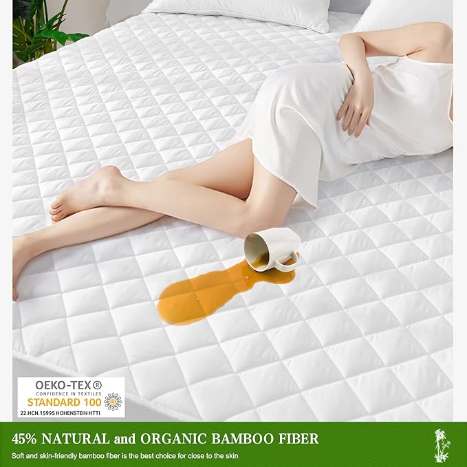 UNILIBRA California King Mattress Pad Waterproof Rayon Made from Bamboo, Fitted Deep Pocket Mattress Cover fits 6''-25'', Breathable Quilted Mattress Protector, White