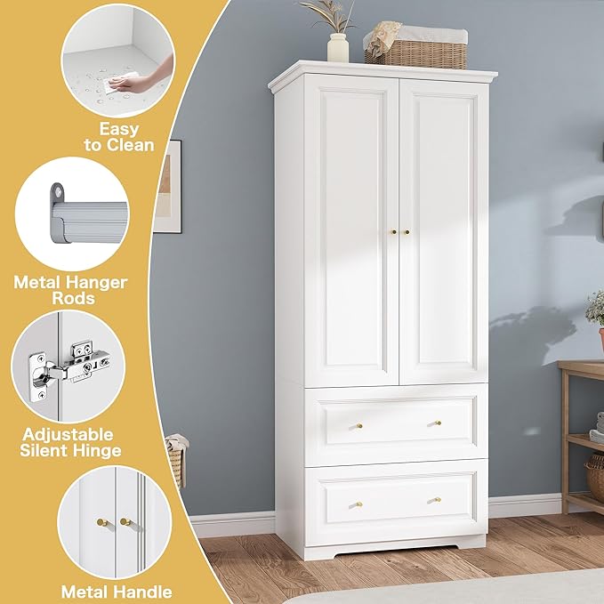 White Wardrobe with 2 Drawers: 74" Wooden Wardrobe Closet for Hanging Clothes, Tall Armoire Closet with 2 Doors, Bedroom Armoires with Hanging Rod (32")