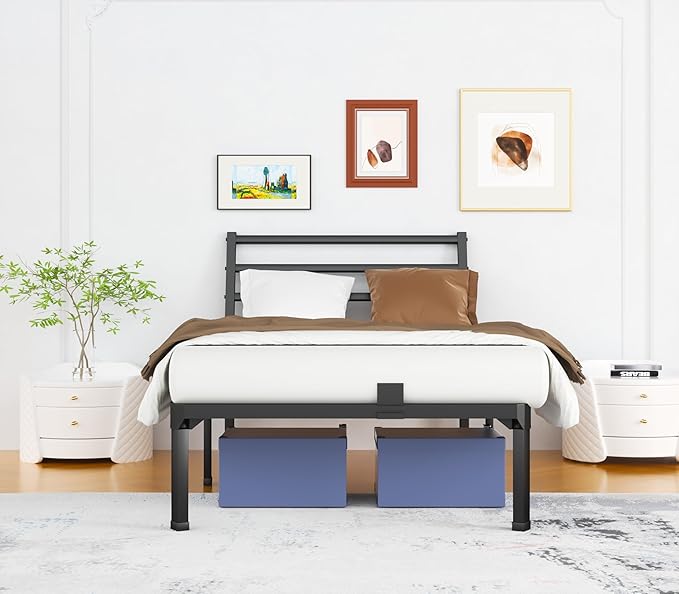 ROIL Twin Size Metal Bed Frame with Headboard, 14inch Black Heavy Duty Platform with Steel Slats Support and Mattress Stoppers, 3500LBS No Box Spring Needed, Easy Assembly Noise-Free