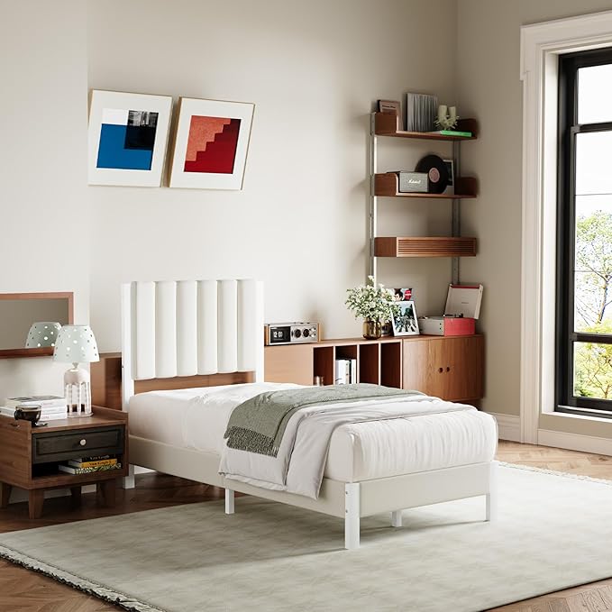 Avenco Twin Size Bed Frame with Velvet Upholstered Piano Keys Headboard, Metal Platform Bed Frame with Metal Slats for Bedroom, White