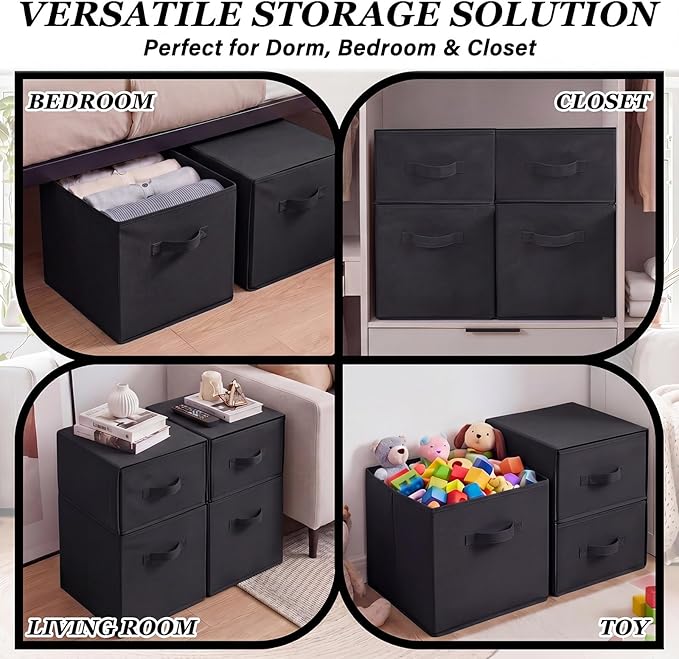 Weysat 4 Cube Stackable Under Dorm Bed Storage Container Foldable Closet Drawer Organizer Fabric Storage Cube Bins for Dorm Essentials College Closet Bedroom Living Room Nursery(Black,17.72 Inch)