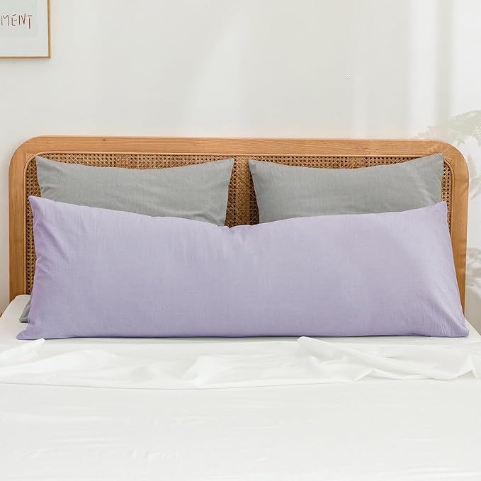 BESTOUCH 100% Washed Cotton Pillowcase for Hair and Skin Linen Feel Soft Comfortable Breathable 1 Pcs Pillow Case with Envelope Closure Solid Taro Purple Body 20x54 Inches