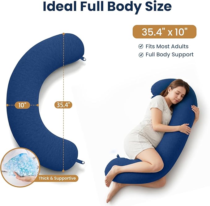 TranquilRelax C Shaped Body Pillow for Side Sleepers, Memory Foam Long Pillow for Leg, Hip & Back Support, Soft Washable Cover,Navy Blue-35"*10"