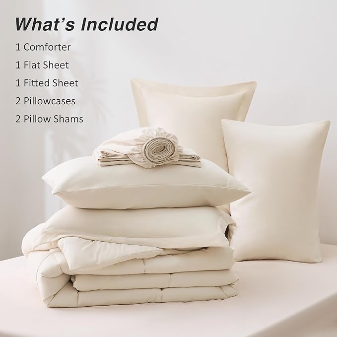Love's cabin Queen Comforter Set Beige, 7 Pieces Queen Bed in a Bag, All Season Bedding Sets with 1 Comforter, 1 Flat Sheet, 1 Fitted Sheet, 2 Pillowcase and 2 Pillow Sham | Soft, Breathable, Lightweight, Comfortable