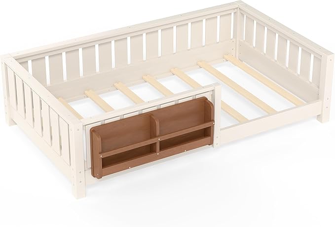 Bellemave Twin Size Kids Montessori Bed with Bookshelf,Solid Wood Twin Floor Bed Frame with Fence and Slats for Girls Boys,Low-Profile,Beige